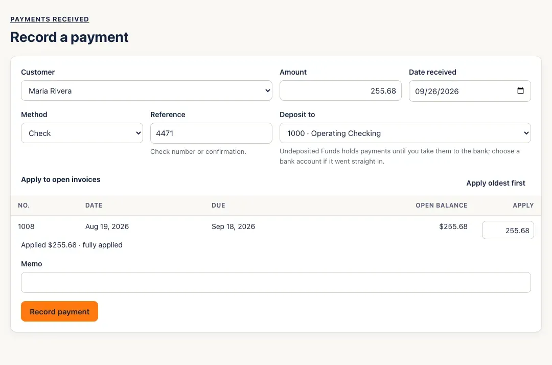 Record a payment from Maria Rivera: amount, date received, method Check, reference 4471, Deposit to Operating Checking, and the open invoice with the amount applied — fully applied