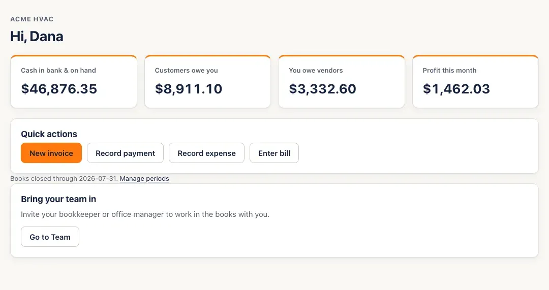 Books, the home page: four tiles (Cash in bank & on hand, Customers owe you, You owe vendors, Profit this month), Quick actions, and Bring your team in