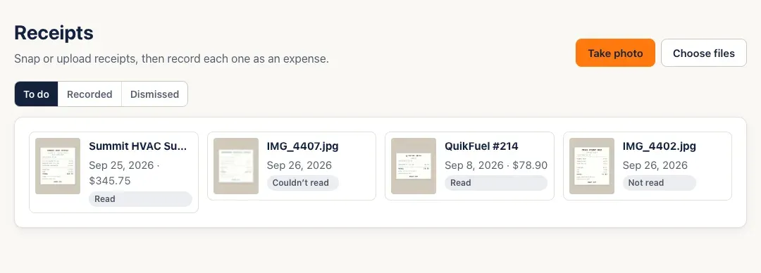 The receipts inbox, To do tab: tiles for Summit HVAC Supply (Read, $345.75), a photo that Couldn't read, QuikFuel #214 (Read, $78.90) and one Not read, with Take photo and Choose files buttons