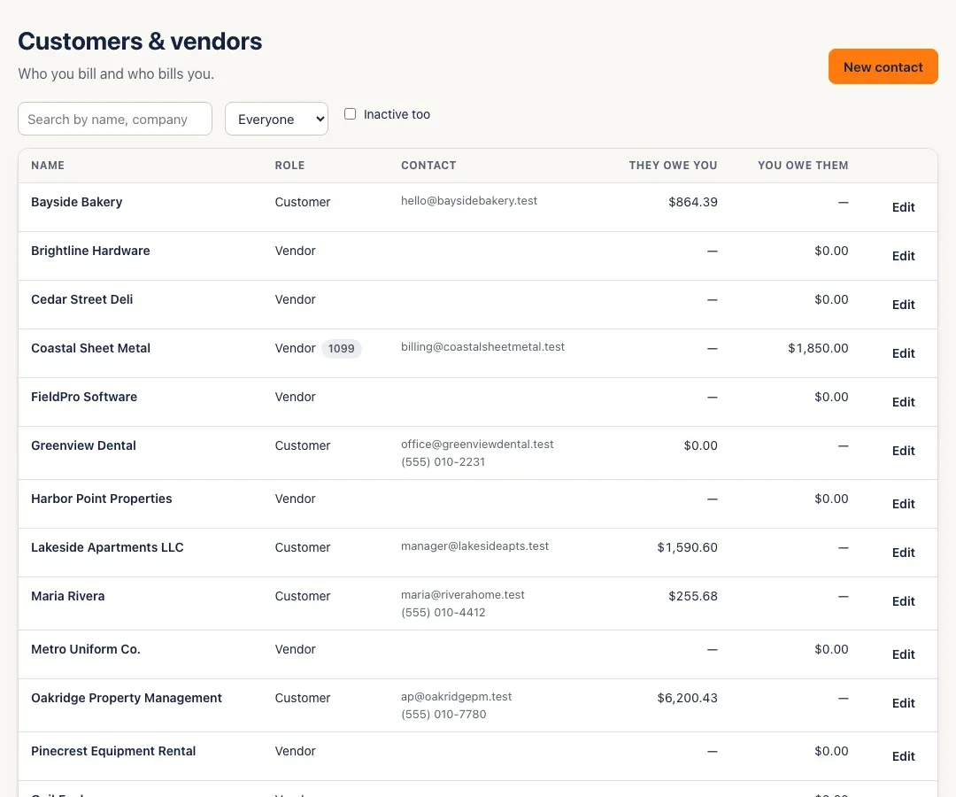 The Customers & vendors list with name, role, contact details, They owe you and You owe them columns, and a New contact button