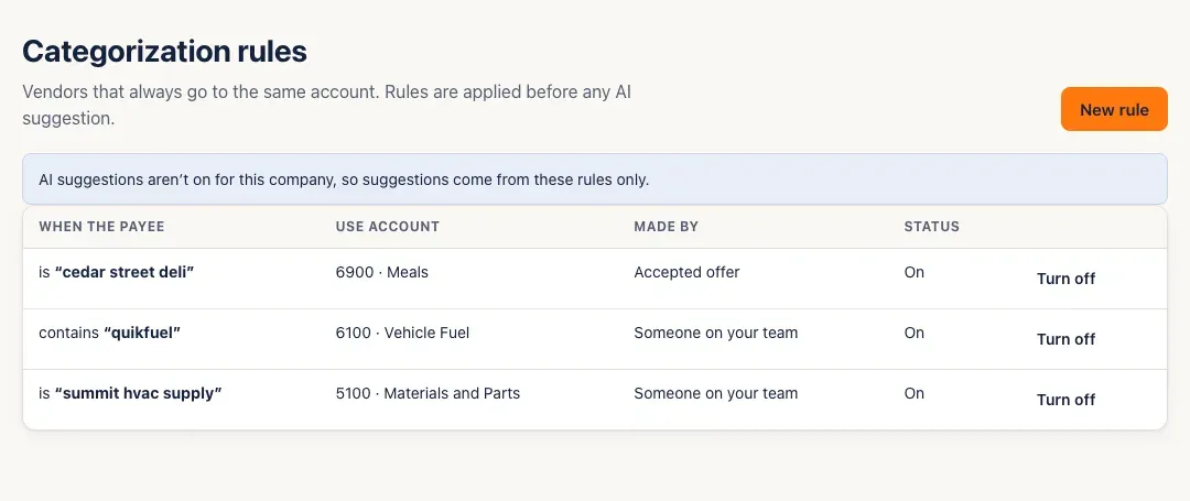 The Rules page: rules for quikfuel, summit hvac supply and cedar street deli with their accounts, who made them, and Turn off buttons