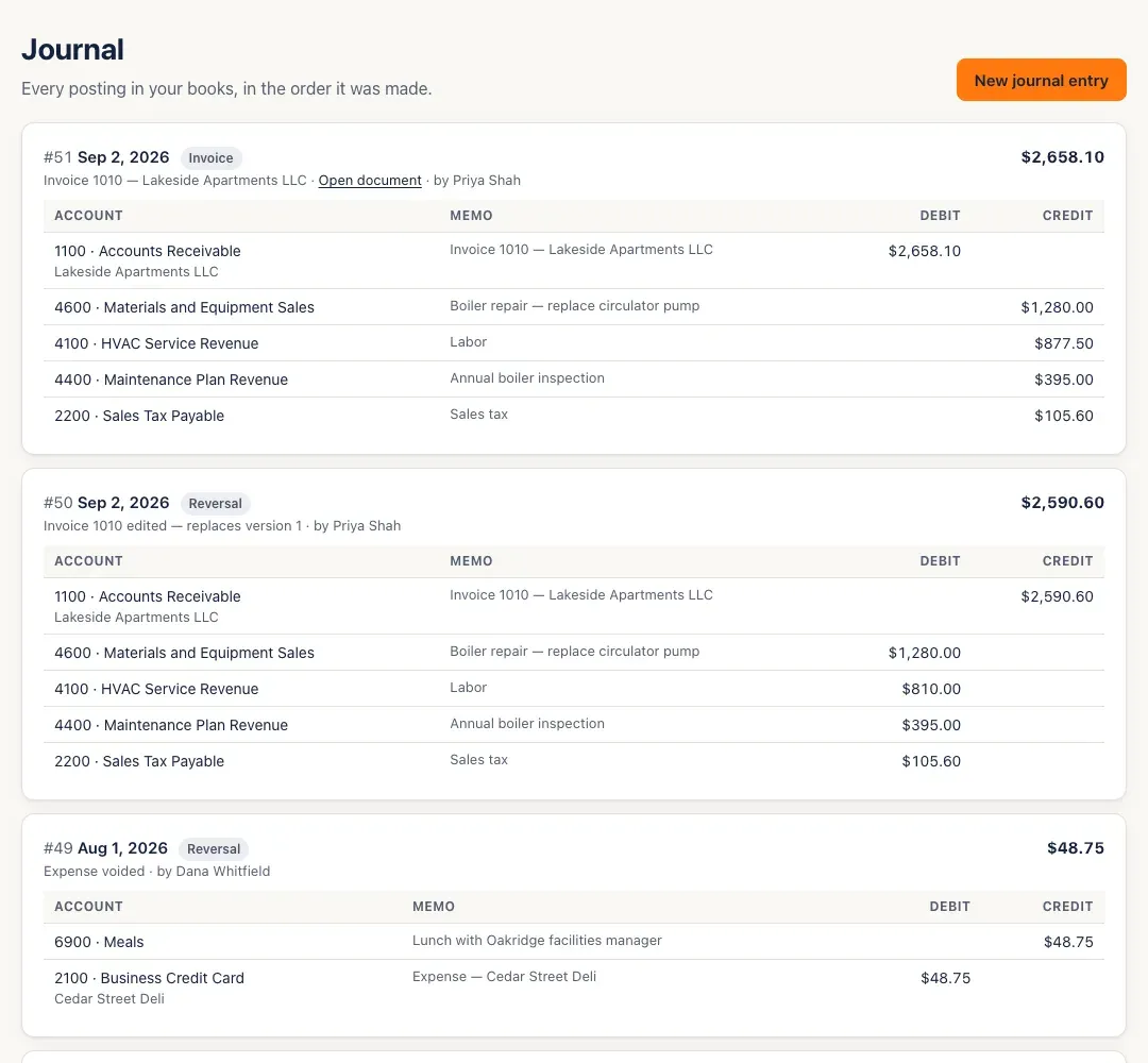 The Journal: numbered entries with date, source label, memo, who made them, and their account lines with debits and credits