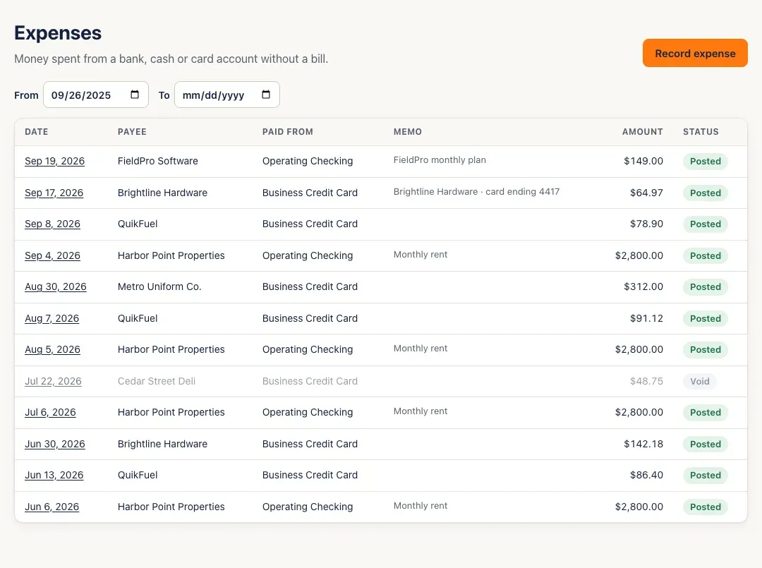 The Expenses list: date, payee, paid from account, memo, amount and a Posted or Void status