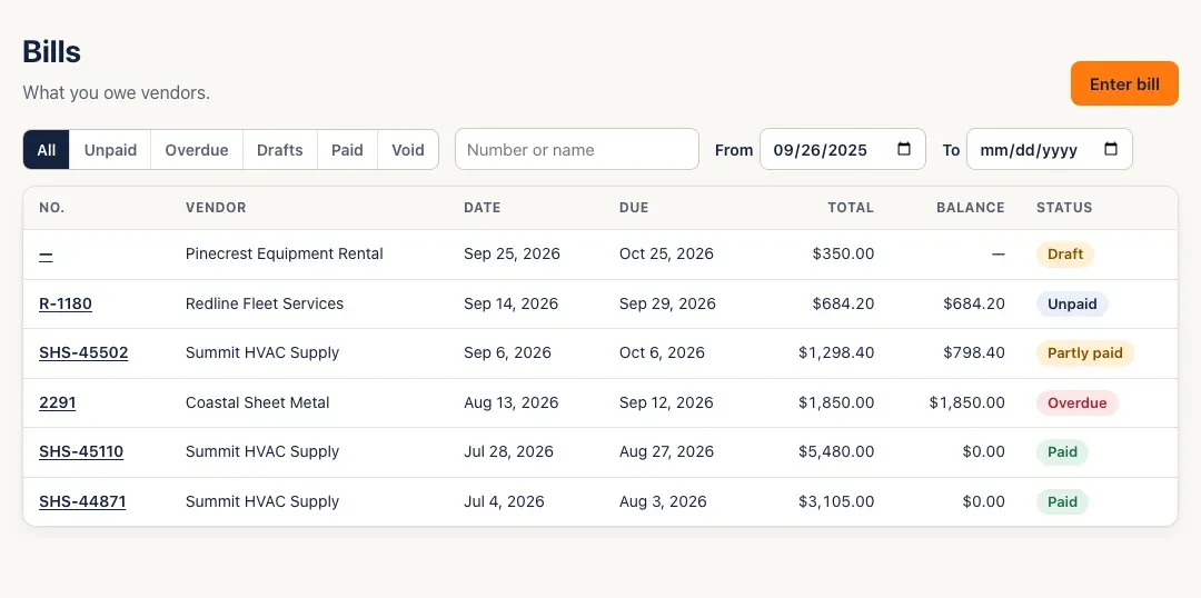 The Bills list: vendor's bill number, vendor, date, due date, total, balance and a status — Draft, Unpaid, Partly paid, Overdue or Paid
