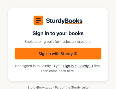 The SturdyBooks sign-in page: Sign in to your books, with a Sign in with Sturdy ID button and a link to sign in at Sturdy ID first