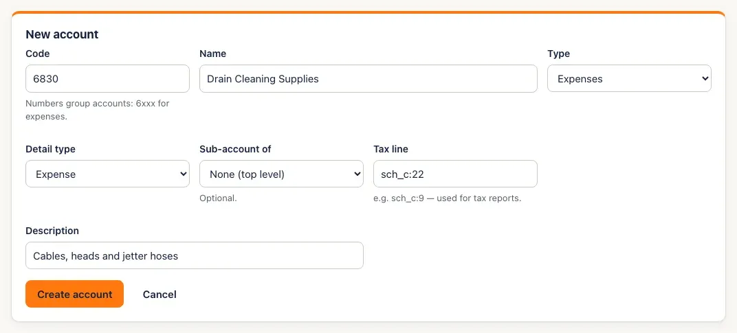 The New account form: code 6830, name Drain Cleaning Supplies, type Expenses, detail type Expense, tax line sch_c:22, a description, and Create account