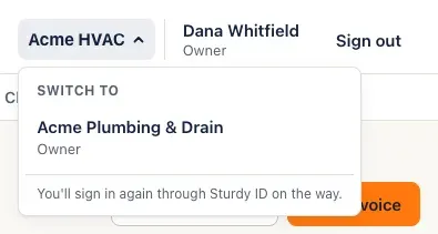 The company menu open under Acme HVAC: Switch to Acme Plumbing & Drain (Owner). You'll sign in again through Sturdy ID on the way.