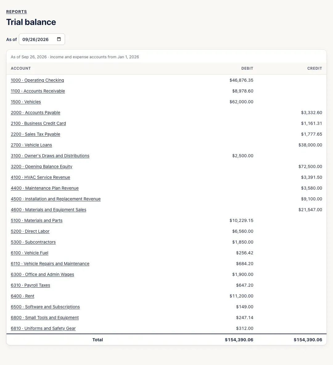 Trial balance as of today, income and expense accounts from the start of the year: each account in a Debit or Credit column, and matching totals