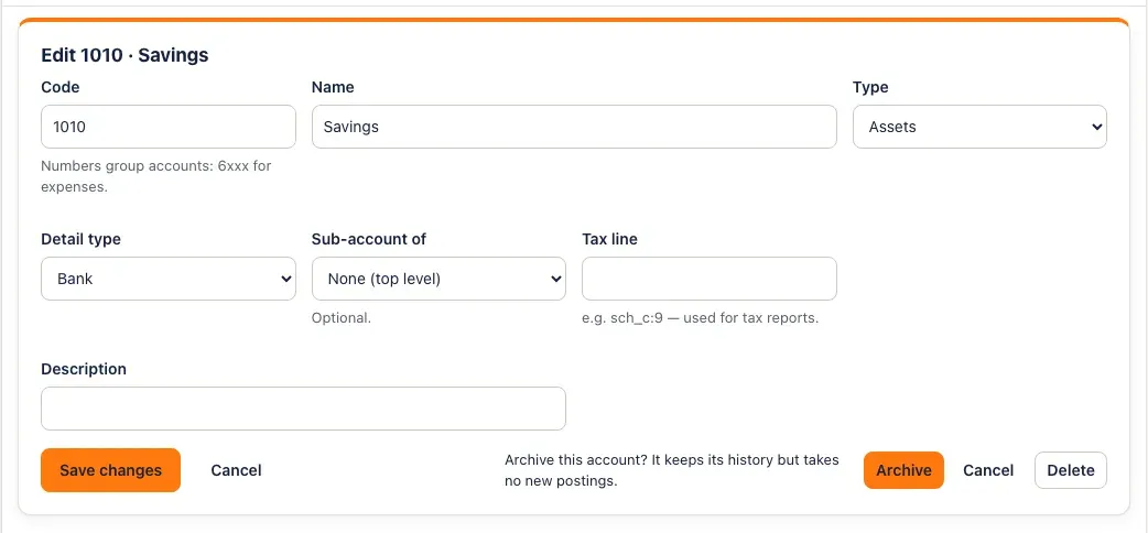 Editing 1010 Savings with the confirmation: Archive this account? It keeps its history but takes no new postings. Archive and Cancel, and a Delete button