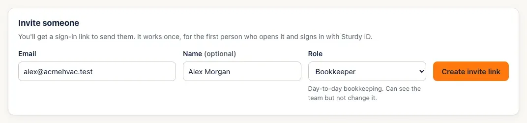 The Invite someone form: Email alex@acmehvac.test, Name Alex Morgan, Role Bookkeeper with its description, and a Create invite link button
