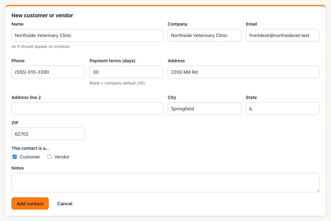 The New customer or vendor form: name, company, email, phone, payment terms, address, This contact is a Customer / Vendor checkboxes, notes, and Add contact