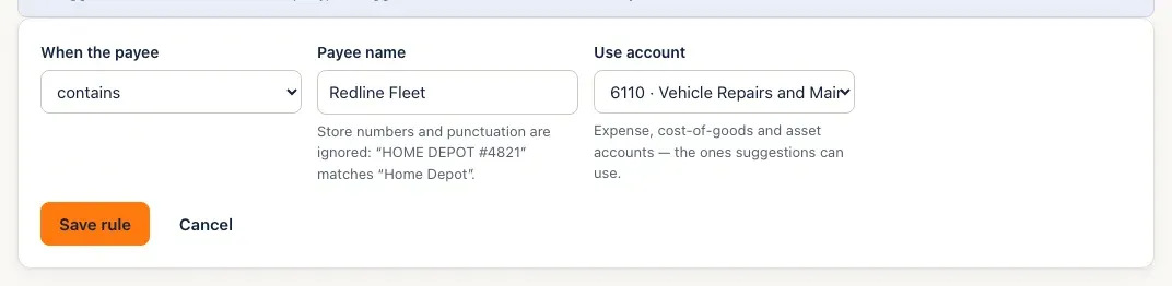 The New rule form: When the payee contains, Payee name Redline Fleet, Use account 6110 Vehicle Repairs and Maintenance, and Save rule