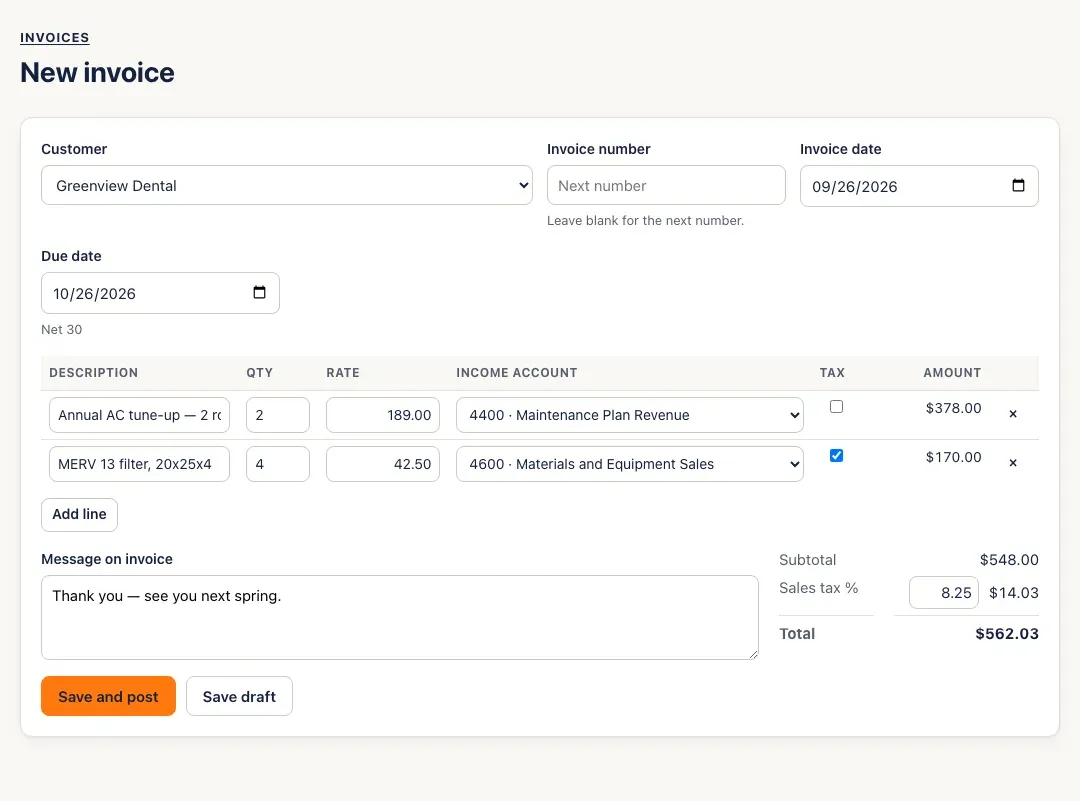 A new invoice for Greenview Dental: two lines (an annual AC tune-up and taxable MERV 13 filters), sales tax 8.25%, a message, and Save and post and Save draft buttons