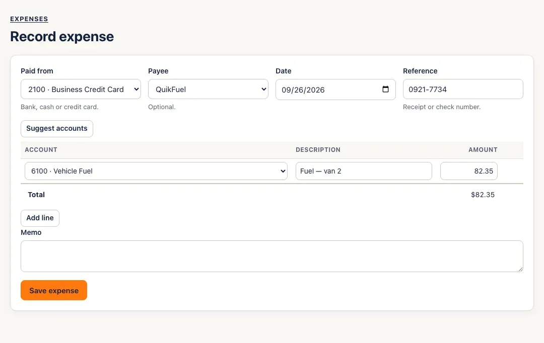 Record expense: paid from Business Credit Card, payee QuikFuel, a reference, and one line — Vehicle Fuel, Fuel — van 2, 82.35 — with Suggest accounts and Save expense
