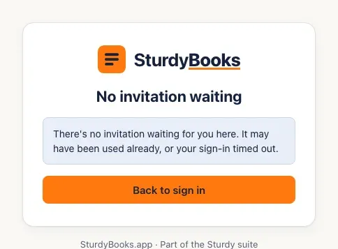The Join page showing No invitation waiting, with a Back to sign in button