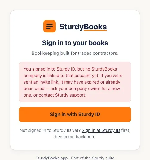The sign-in page showing: You signed in to Sturdy ID, but no SturdyBooks company is linked to that account yet