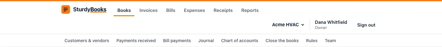 The SturdyBooks top bar: Books, Invoices, Bills, Expenses, Receipts, Reports; the company menu, the signed-in person and Sign out; and a second row of links from Customers & vendors to Team