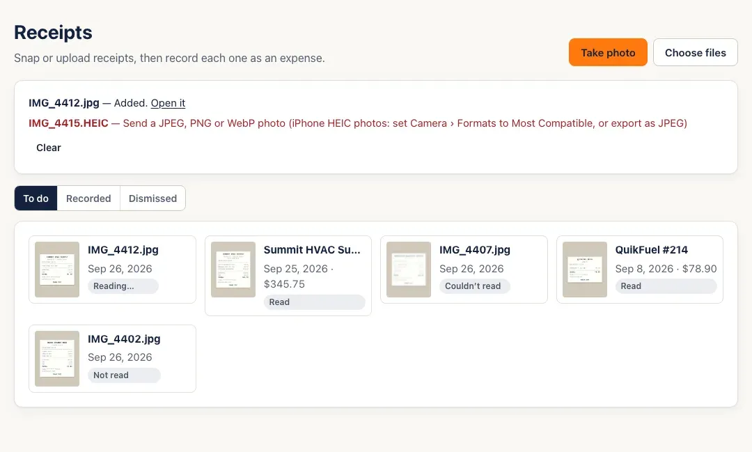 After choosing two files: IMG_4412.jpg — Added. Open it; IMG_4415.HEIC — Send a JPEG, PNG or WebP photo (iPhone HEIC photos: set Camera › Formats to Most Compatible, or export as JPEG). The new receipt's tile says Reading…