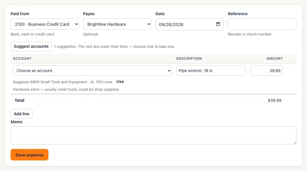 An expense to Brightline Hardware: the account is still Choose an account; under it, Suggests 6800 Small Tools and Equipment · AI, 74% sure, with a Use button and the reason