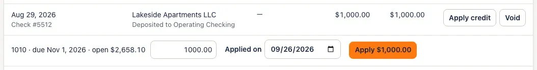Apply credit under a $1,000.00 deposit from Lakeside Apartments LLC: invoice 1010 with 1000.00 to apply, an Applied on date, and an Apply $1,000.00 button