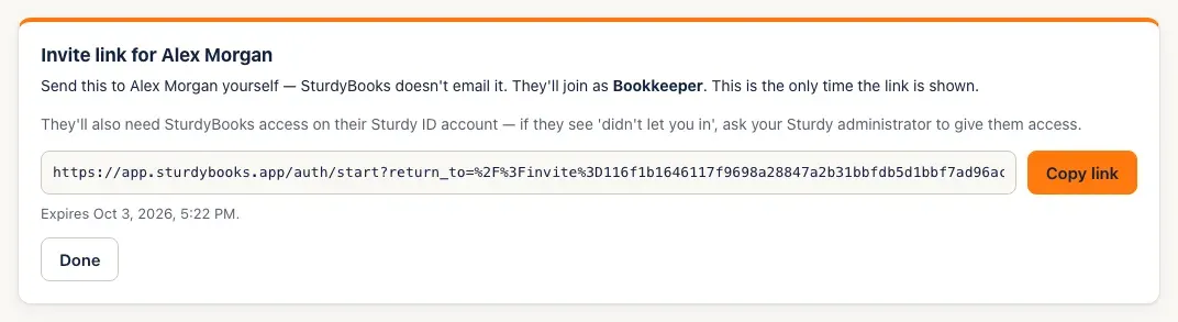 Invite link for Alex Morgan: a note that SturdyBooks doesn't email it and this is the only time it's shown, the link with a Copy link button, and when it expires
