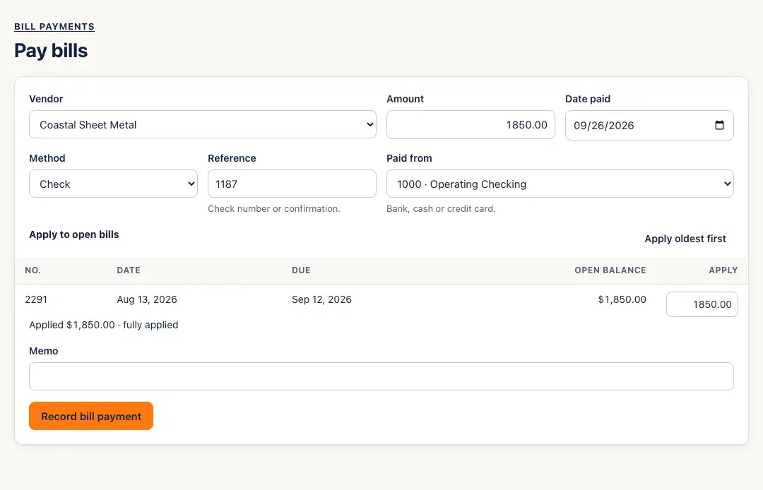 Pay bills to Coastal Sheet Metal: amount, date paid, method Check, reference 1187, Paid from Operating Checking, and the open bill with the amount applied