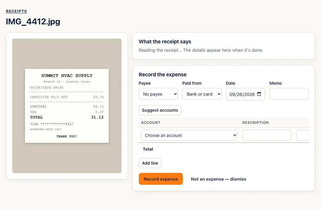 A receipt being read: the photo, and What the receipt says — Reading the receipt… The details appear here when it's done.