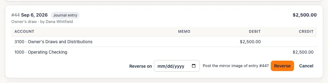 An Owner's draw entry with Reverse on and the confirmation: Post the mirror image of entry #(number)? Reverse and Cancel