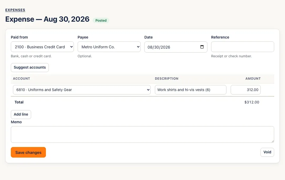 A saved expense marked Posted, with Save changes and Void buttons