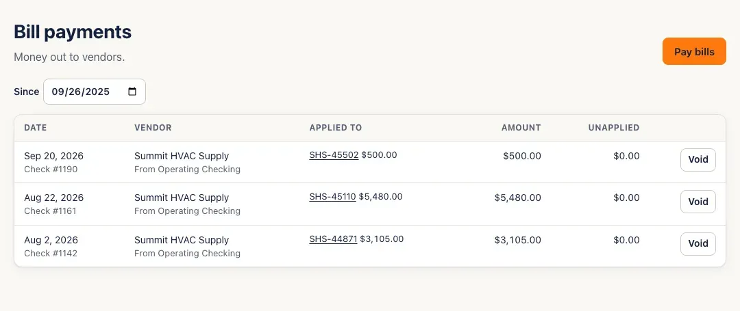 Bill payments: date, method and check number, vendor and the account it was paid from, bills applied to, amount and unapplied amount, with Void buttons