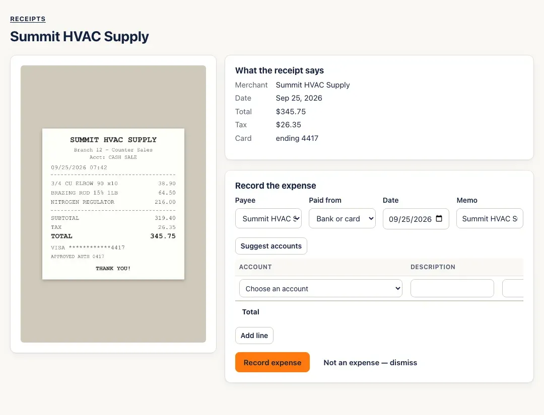 A read receipt from Summit HVAC Supply: the photo; What the receipt says — merchant, date, total $345.75, tax $26.35, card ending 4417; and the Record the expense form