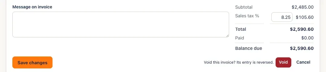 The void confirmation beside the totals: Void this invoice? Its entry is reversed. Void and Cancel
