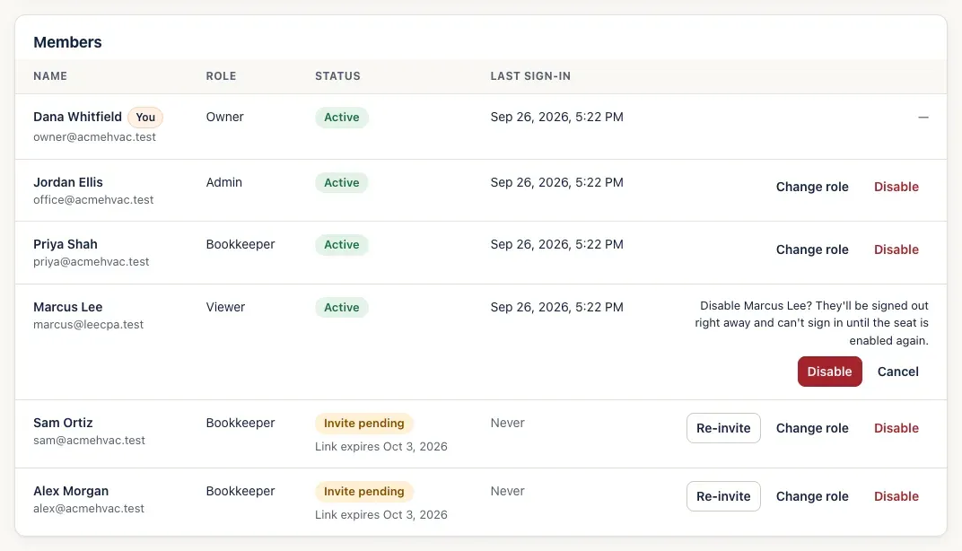 Marcus Lee's row asking: Disable Marcus Lee? They'll be signed out right away and can't sign in until the seat is enabled again. Disable and Cancel buttons