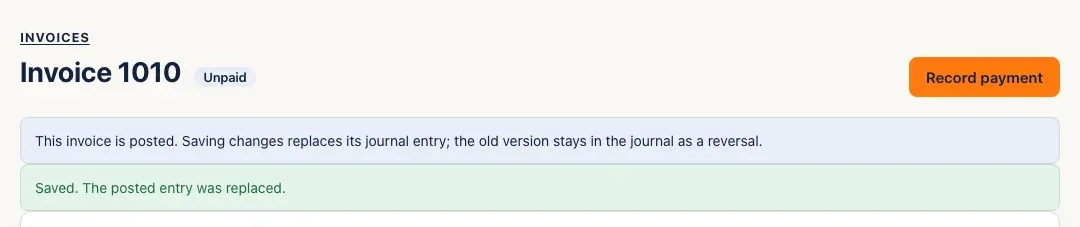 The invoice after saving: Saved. The posted entry was replaced.