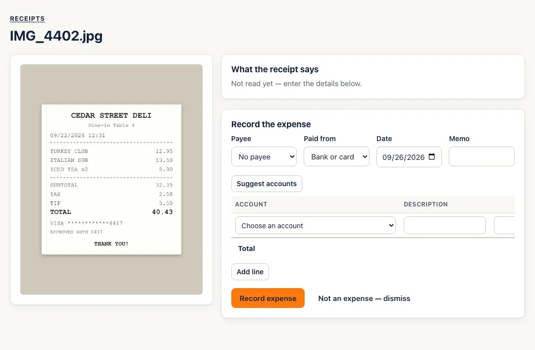 A receipt that hasn't been read: Not read yet — enter the details below, beside the photo