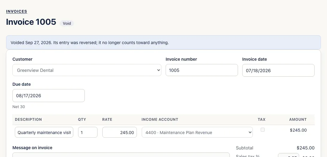 A voided invoice with the note: Voided (the date). Its entry was reversed; it no longer counts toward anything.