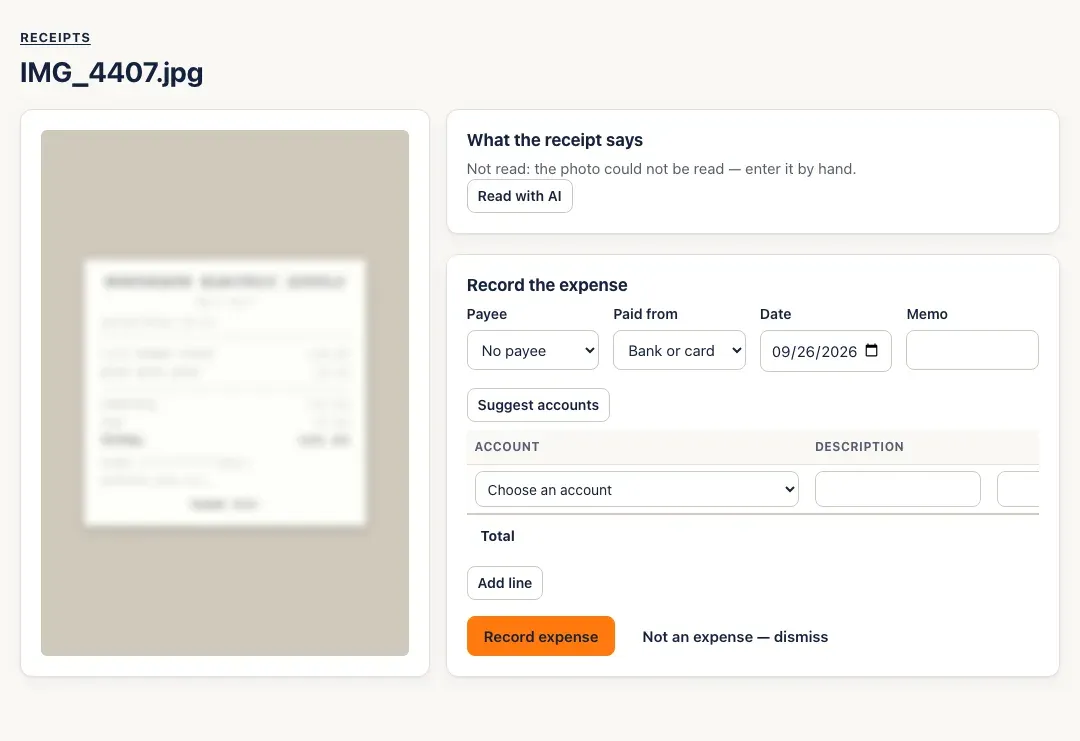 A blurry receipt: Not read: the photo could not be read — enter it by hand. A Read with AI button