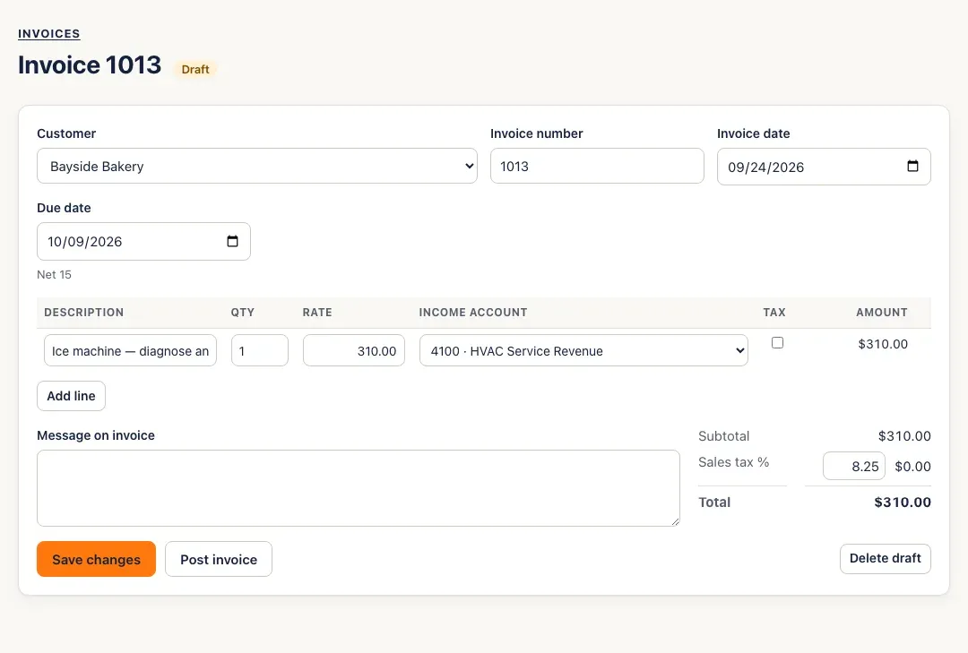 A draft invoice with Save changes, Post invoice and Delete draft buttons