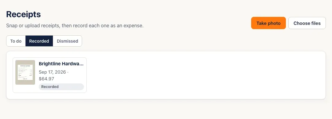 The Recorded tab showing a Brightline Hardware receipt marked Recorded