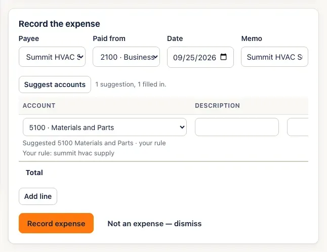 Record the expense: payee Summit HVAC Supply, paid from Business Credit Card, the date and memo, and the account filled in as 5100 Materials and Parts from your rule